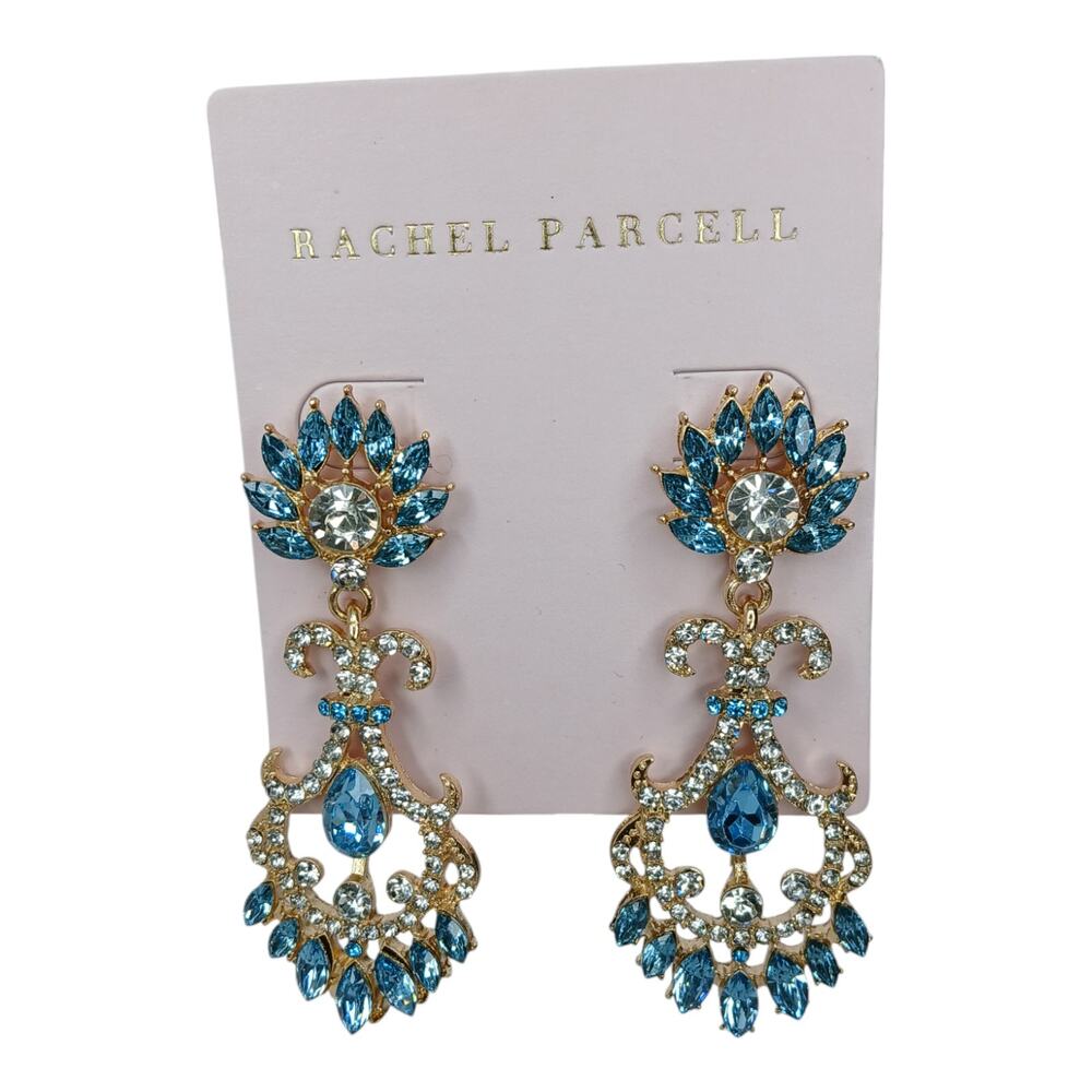 Rachel Parcell Blue Crystal Chandelier Statement Earrings Gold Tone NWT